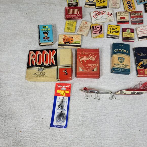 Vintage Lot of Matches Fishing Lures Worders Rooster Tail Indian Rook Crayons - Picture 2 of 16